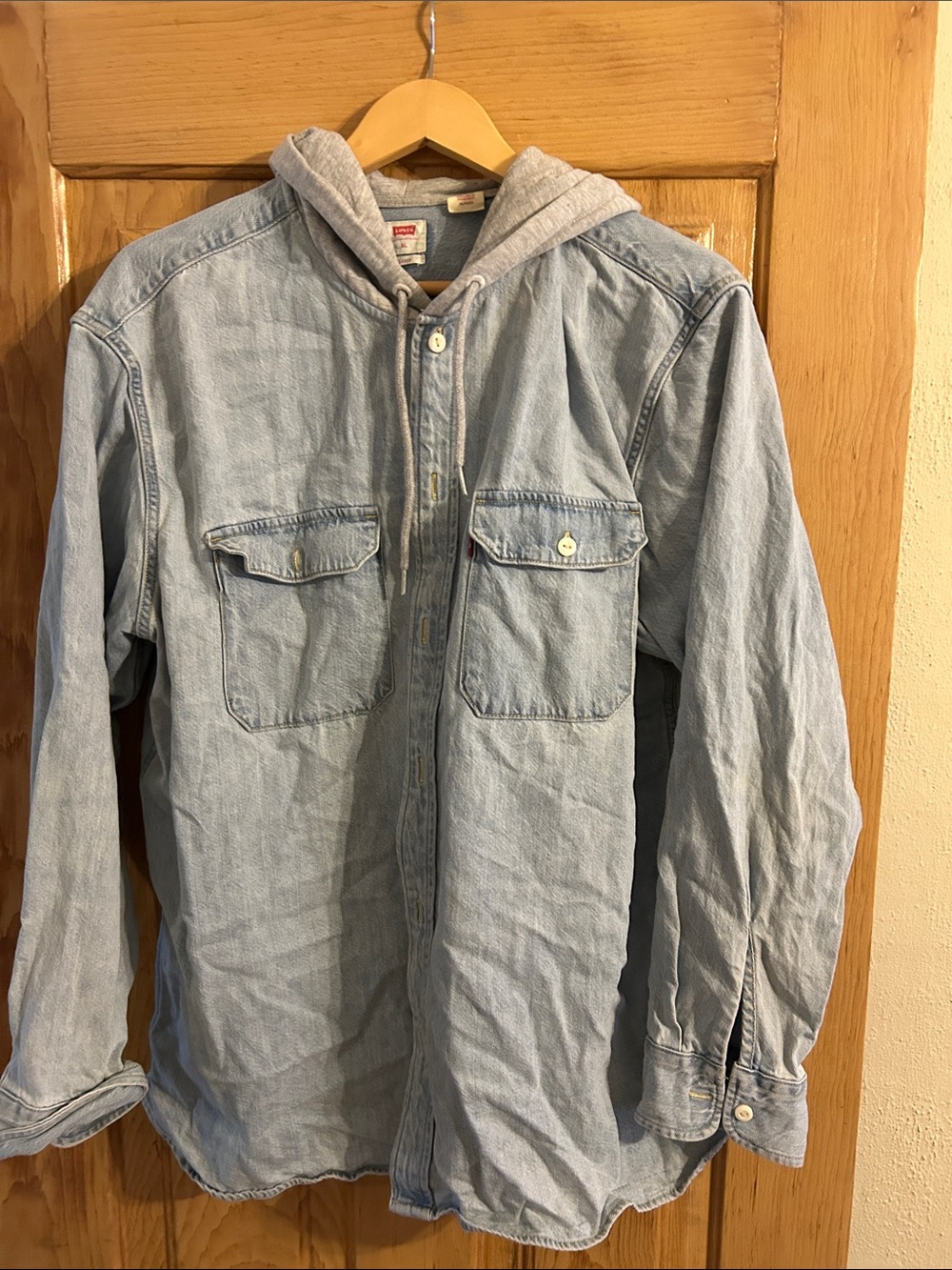 Levi's Light Blue Denim Hooded Shirt Jacket with Grey Hood